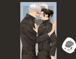  2boys anger_vein black_hair black_jacket black_pants blush cramped earrings geto_suguru gojo_satoru hair_bun hand_on_another's_chest highres jacket jewelry jujutsu_kaisen long_sleeves looking_at_another male_focus multiple_boys open_mouth pants rizurin short_hair speech_bubble spoken_character sunglasses yaoi 