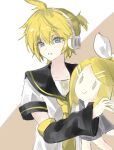  1boy absurdres bass_clef black_sailor_collar blonde_hair blue_eyes character_doll doll headphones headset highres holding holding_doll kagamine_len kagamine_rin mule_1227 neckerchief necktie ponytail sailor_collar shirt short_ponytail solo vocaloid white_shirt yellow_neckerchief yellow_necktie yellow_trim 