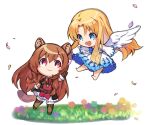  2girls :d animal_ears arm_up armor armored_boots artist_request barefoot belt bird_wings black_dress blonde_hair blue_dress blue_eyes blush_stickers boots brown_armor brown_belt brown_boots brown_hair chibi closed_mouth curtained_hair dress feathered_wings filo_(tate_no_yuusha_no_nariagari) floating frilled_dress frilled_sleeves frills fur-trimmed_armor fur-trimmed_boots fur_trim gauntlets hair_between_eyes layered_dress leather_armor long_hair long_sleeves looking_at_another metal_wrist_cuffs multiple_girls open_mouth outdoors outstretched_arms raccoon_ears raccoon_girl raccoon_tail raphtalia red_dress red_eyes short_dress simple_background sleeveless sleeveless_dress smile soles spread_arms straight_hair tail tanuki tate_no_yuusha_no_nariagari thigh_boots third-party_source two-tone_dress white_background white_dress white_fur white_wings wings 