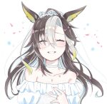  1girl alternate_costume animal_ears blonde_hair blush bridal_veil brown_hair choker closed_eyes commentary dream_journey_(umamusume) dress falling_petals flower glasses gradient_hair head_wreath highres horse_ears horse_girl jewelry long_hair multicolored_hair necklace off-shoulder_dress off_shoulder petals pink_petals ring semikoron1082 simple_background smile solo umamusume upper_body veil wedding_dress wedding_ring white_background white_choker white_dress white_flower white_hair 