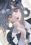  1girl :d artist_name black_bow black_bowtie black_capelet black_hat blue_hair blue_necktie bow bowtie braid braided_hair_rings capelet collared_shirt commentary contrast_collar cross-shaped_pupils deerstalker hair_bow hair_rings hat hat_bow highres long_sleeves looking_at_viewer mahou_shoujo_no_majo_saiban necktie open_mouth portrait sakuram_017 shirt short_hair signature smile solo sparkle symbol-shaped_pupils tachibana_sherry teeth twitter_username untranslatable_commentary upper_teeth_only watermark white_shirt yellow_eyes 