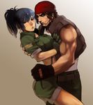  1girl bandana bare_shoulders belt blue_hair blush brown_eyes brown_hair couple crop_top earrings gloves hetero hug jewelry leona_heidern midriff muscle navel pants ponytail ralf_jones red_eyes shorts sleeves_rolled_up steward_b the_king_of_fighters vest 