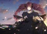  bad_id bad_pixiv_id black_dress choker dress evening frills green_eyes hair_ribbon ichikawa_mariou lace lips original petals red_hair ribbon sky smile solo sunset twilight twintails wind 