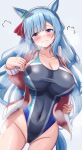  1girl animal_ears ass_visible_through_thighs blue_hair blush breasts commentary_request competition_swimsuit covered_navel cowboy_shot dutch_angle ear_ornament embarrassed highleg highleg_one-piece_swimsuit highres horse_ears horse_girl horse_tail jacket large_breasts lio_(maguri) long_hair long_sleeves looking_at_viewer mejiro_ardan_(umamusume) one-piece_swimsuit open_clothes open_jacket purple_eyes simple_background solo sweat swimsuit swimsuit_under_clothes tail track_jacket umamusume white_background 