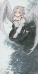  1girl absurdres angel angel_wings collarbone commentary_request feathered_wings feathers full_body highres long_skirt off_shoulder original outdoors shoes simica skirt smile thai_commentary water white_hair white_wings wings 