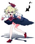  1girl :d ascot black_skirt blonde_hair commentary_request full_body hair_ribbon ikurauni looking_at_viewer open_mouth red_ascot red_eyes red_nails red_ribbon red_shoes ribbon rumia shoes simple_background skirt smile socks solo touhou white_background white_socks 
