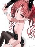 1girl animal_ears ass bare_shoulders black_leotard black_thighhighs blush breasts brown_eyes brown_hair commentary_request highres kuroshiiaru leotard long_hair looking_at_viewer playboy_bunny rabbit_ears red_ribbon ribbon shirai_kuroko solo thighhighs toaru_kagaku_no_railgun toaru_majutsu_no_index twintails wrist_cuffs 