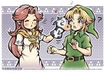  1boy 1girl arm_behind_back artist_name belt black_belt blonde_hair blue_eyes blush bowser_brooch brooch closed_eyes collared_tunic commentary cowboy_shot curtained_hair dress english_commentary green_hat green_tunic hat heart jewelry kiss kissing_cheek link long_hair malon neckerchief one_eye_closed open_mouth pointy_ears red_hair short_hair sock_puppet sweatdrop thaumana the_legend_of_zelda the_legend_of_zelda:_ocarina_of_time tunic white_dress yellow_neckerchief young_link 