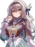  1girl absurdres black_hairband black_jacket blush breasts closed_mouth commentary_request firefly_(honkai:_star_rail) grey_hair hair_between_eyes hair_intakes hair_ornament hairband heart highres honkai:_star_rail honkai_(series) jacket long_hair long_sleeves looking_at_viewer neckerchief orange_neckerchief pink_eyes rumi_(xafv5772) simple_background smile solo upper_body white_background 