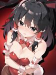 1girl alternate_costume animal_ear_hairband animal_ears bare_shoulders black_eyes black_hair black_hairband blush bow bowtie breasts brown_pantyhose cleavage commentary_request detached_collar fake_animal_ears frilled_hair_tubes frills hair_tubes hairband hakurei_reimu highres large_breasts leotard lips_creator777 long_hair looking_at_viewer pantyhose rabbit_ear_hairband rabbit_ears red_bow red_bowtie red_leotard solo strapless strapless_leotard touhou white_wrist_cuffs wrist_cuffs 
