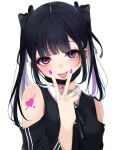  1girl absurdres aegyo_sal bags_under_eyes bare_shoulders black_hair black_mask black_ribbon black_vest blunt_bangs blush center-flap_bangs colored_inner_hair commentary contrast_collar detached_sleeves double-parted_bangs eyelashes eyeshadow eyeshadow_under_eye fingernails highres jirai_kei long_fingernails long_hair makeup mask mask_pull minato_yu mouth_mask multicolored_hair nail_polish neck_ribbon original parted_hair piercing purple_hair purple_nails raised_eyebrows red_eyes red_eyeshadow ribbon shirt shoulder_tattoo simple_background solo tattoo tongue tongue_out tongue_piercing twintails upper_body v v_over_mouth vest white_background white_shirt wispy_bangs 