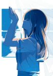  1girl absurdres aqua_sailor_collar aqua_skirt arms_up blue_hair blue_sky blue_theme closed_eyes cloud cloudy_sky commentary curtains facing_to_the_side facing_up hibike!_euphonium highres long_hair open_mouth parted_lips sailor_collar sawara65 shirt skirt sky solo white_background white_shirt wind window yoroizuka_mizore 