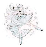  1girl absurdres arm_garter ballerina ballet ballet_dress ballet_slippers black_bow black_bowtie blush bow bowtie bracelet braid breasts bug butterfly butterfly_hair_ornament cleavage closed_mouth commentary detached_collar dress en_pointe floral_print flower frilled_arm_strap frilled_thigh_strap frills full_body gold_trim hair_flower hair_ornament highres jewelry lips littlebluemuffin long_hair original rose side_braid single_sleeve single_wrist_cuff small_breasts thigh_strap thorns tiara very_long_hair white_background white_butterfly white_dress white_eyes white_flower white_hair white_rose wrist_cuffs 