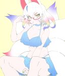  1girl animal_ears bikini breasts choker cleavage commentary_request extra_ears fox_ears fox_girl fox_tail glasses highres kemono_friends kyuubi_(kemono_friends) large_breasts long_hair looking_at_viewer lowlandgorilla multicolored_hair nail_polish sarong simple_background solo swimsuit tail yellow_background yellow_eyes 