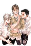 3boys azumane_asahi belt black_hair black_pants blush brown_hair closed_mouth cropped_legs crying dress_shirt ee_(ekk1mukk) facial_hair fighting goatee_stubble grey_hair haikyuu!! male_focus multiple_boys pants sawamura_daichi shirt shirt_tucked_in short_hair simple_background stubble sugawara_koushi sweater teeth white_background white_shirt 