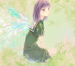  angel_wings bad_id bad_pixiv_id barefoot bob_cut ichikawa_mariou maria-sama_ga_miteru nijou_noriko purple_eyes purple_hair short_hair short_sleeves sitting solo wings 