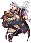  1boy arataki_itto arm_tattoo black_jacket black_nails black_pants black_shoes bodypaint chest_tattoo choker commentary_request demon_horns facepaint facial_mark fingerless_gloves genshin_impact geta gloves highres hiki_yuichi horns jacket long_hair male_focus multicolored_hair muscular muscular_male pants red_eyes red_gloves red_hair red_horns shoes smile solo spiked_choker spikes tattoo teeth ushi_(genshin_impact) white_hair 