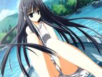  1girl 2000s_(style) black_eyes black_hair blue_sky boat closed_mouth day dress facing_to_the_side frilled_dress_collar game_asset kagome_(traumatize) light_blush mountainous_horizon non-web_source official_art on_boat panties raised_inner_eyebrows rowboat self-datamine sitting sky sleeveless sleeveless_dress solo subarashiki_hibi takashima_zakuro tree underwear variant_set visual_novel_cg watercraft white_panties wind 