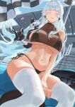  1girl absurdres azur_lane bare_shoulders bikini black_bikini blue_sky blush breasts car car_keys checkered_flag closed_eyes closed_mouth colored_eyelashes commentary confetti cosplay covered_collarbone crop_top day earrings english_commentary flag goddess_of_victory:_nikke grey_hair highres hirosenpai indomitable_(azur_lane) indomitable_(the_laid-back_navigator)_(azur_lane) jewelry large_breasts light_smile long_hair mechanical_arms mole motor_vehicle navel nayuta_(nikke) official_alternate_costume pink_lips race_flag race_queen see-through_cleavage see-through_clothes side-tie_bikini_bottom single_bare_shoulder single_mechanical_arm sitting skindentation sky smile solo swimsuit thighhighs toyota_supra very_long_hair white_eyelashes white_hair white_thighhighs 