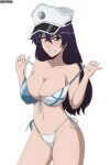  1girl :d absurdres alternate_costume anime_coloring artist_logo artist_name bambietta_basterbine bikini bikini_top_pull black_eyes black_hair bleach bleach:_sennen_kessen-hen blue_bikini blush breasts cleavage clothes_pull collarbone commentary commission cowboy_shot english_commentary eyelashes front-tie_bikini_top front-tie_top full_cleavage grin groin hair_between_eyes hair_over_shoulder hands_up hat heart heart_bikini heart_ornament highleg highleg_bikini highres large_breasts logo long_hair looking_at_viewer mistowing multicolored_bikini naughty_face navel peaked_cap pulling_own_clothes side-tie_bikini_bottom simple_background smile solo standing stomach string_bikini swimsuit two-tone_bikini v-shaped_eyebrows w_arms white_background white_bikini white_hat 