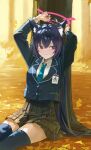  1girl absurdres abydos_high_school_logo adapted_costume against_tree ahoge animal_ear_fluff animal_ears arms_up autumn autumn_leaves black_hair black_skirt black_thighhighs blazer blue_archive blue_jacket blue_necktie blush cat_ears cat_girl commentary cowboy_shot danyun_03 dappled_sunlight dress_shirt extra_ears forest ginkgo_leaf hair_between_eyes halo highres id_card jacket leaf long_hair looking_to_the_side nature necktie on_ground outdoors pink_eyes pink_halo plaid_clothes plaid_skirt pleated_skirt school_uniform serika_(blue_archive) shirt sidelocks sideways_glance sitting skirt small_sweatdrop solo straight_hair sunlight sweatdrop thighhighs tree tsurime twintails v-shaped_eyebrows very_long_hair white_shirt zettai_ryouiki 