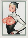  1girl bell_sleeves black_bodysuit black_hat blonde_hair bodysuit border breasts breasts_out covered_navel dated green_eyes hat highres large_breasts long_sleeves looking_at_viewer multicolored_bodysuit nail_polish nipples original parted_lips pink_nails short_hair signature sleeves_past_wrists solo spiked_hat third-party_source tsukasa_jun two-tone_bodysuit upper_body very_short_hair white_bodysuit white_border 