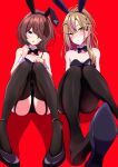 2girls absurdres animal_ear_hairband animal_ears black_bow black_bowtie black_leotard blonde_hair blue_eyes blue_shoes blush bow bowtie brown_hair brown_pantyhose brown_thighhighs detached_collar fake_animal_ears hair_ornament hair_over_one_eye hairband hairclip high_heels highres komurasaki_momoka laugh_diamond leotard long_hair looking_at_viewer medium_hair multicolored_hair multiple_girls open_mouth pantyhose pink_hair playboy_bunny rabbit_ear_hairband rabbit_ears red_background sample341114 shine_post shoes takamura_hibiki thighhighs white_wrist_cuffs wrist_cuffs x_hair_ornament yellow_eyes 