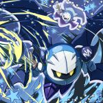  armor bat_wings blue_cape blue_theme cape commentary_request galaxia_(sword) highres holding holding_sword holding_weapon kirby_(series) kirby_air_ride kirby_air_riders looking_at_viewer mask meta_knight multiple_wings no_humans norwo724 pauldrons shadow_star shoulder_armor star_(symbol) sword weapon wings yellow_eyes 