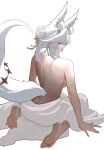  1girl absurdres animal_ear_fluff animal_ears ass back barefoot breasts closed_mouth commentary feet fingernails fox_ears fox_girl fox_tail from_behind hair_ornament highres hsin_(wuthering_waves) large_breasts long_hair looking_at_viewer looking_back nervi_fd orange_eyes red_nails sideways_glance simple_background smile soles solo tail toes turning_head unfinished white_background white_hair wuthering_waves 
