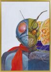  2boys amemiya_keita antennae black_shirt border bug colored_skin grasshopper green_helmet green_skin helmet highres kamen_rider kamen_rider_(1st_series) kamen_rider_1 kamen_rider_shin looking_at_viewer male_focus multiple_boys official_art orange_eyes painting_(medium) radio_antenna red_scarf scarf shin_kamen_rider_prologue shirt simple_background split_screen third-party_source tokusatsu traditional_media upper_body white_background yellow_border 