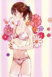  absurdres bangs bare_shoulders blunt_bangs bra brown_eyes brown_hair collarbone expressionless flat_chest floral_background flower hands highres kishida_mel lingerie navel original panties ponytail short_hair skinny solo standing steepled_fingers thighhighs underwear underwear_only white_bra white_legwear white_panties 