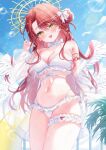  1girl bikini blush bow breasts cleavage commentary_request cowboy_shot day feathered_wings fingernails frilled_bikini frilled_thigh_strap frills hair_between_eyes hair_bow hair_bun halo hand_up highres hiiragi_(hr_ccr) indie_virtual_youtuber large_breasts long_hair looking_at_viewer navel open_mouth outdoors red_hair second-party_source solo stomach swimsuit teeth thigh_strap upper_teeth_only very_long_hair virtual_youtuber white_bikini white_bow white_wings wings yellow_eyes yellow_halo 