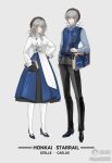 1boy 1girl 625light absurdres alternate_costume bag black_gloves black_hat black_pants black_shoes black_skirt blue_shirt blue_skirt blue_sweater_vest book caelus_(honkai:_star_rail) character_name collared_shirt copyright_name cosplay dual_persona full_body gloves grey_background grey_hair hand_on_own_hip hat head_wings high_heels highres holding holding_book honkai:_star_rail honkai_(series) jacket layered_skirt long_hair long_sleeves looking_at_viewer pants pantyhose shirt shoes short_hair shoulder_bag simple_background skirt stelle_(honkai:_star_rail) sunday_(honkai:_star_rail) sunday_(honkai:_star_rail)_(cosplay) sunday_(impression)_(honkai:_star_rail) sweater_vest trailblazer_(honkai:_star_rail) two-tone_skirt white_jacket white_pantyhose white_wings wings yellow_eyes 