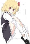 1girl ? absurdres ascot black_shoes black_skirt black_vest blonde_hair blush collared_shirt commentary_request frilled_skirt frills from_side hair_ribbon highres long_sleeves looking_at_viewer medium_hair open_mouth red_ascot red_eyes red_ribbon ribbon rumia shirt shoes skirt skirt_set socks solo subaritsuku touhou vest white_shirt white_socks 