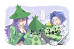  2boys absurdres cacnea cacturne chinese_commentary closed_eyes commentary_request crop_top gloves green_eyes greymoonlaundry happy harley_(pokemon) highres james_(pokemon) logo male_focus multiple_boys open_mouth pokemon pokemon_(anime) pokemon_(creature) pokemon_the_series:_ruby_and_sapphire purple_hair single_letter team_rocket team_rocket_uniform worried 