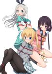  1boy 2girls :< absurdres apron arms_behind_back back_bow bdsm black_hair black_hairband black_pantyhose black_sailor_collar black_socks black_trim blend_s blonde_hair blue_eyes blush bondage bound bound_ankles bound_arms bound_torso bound_wrists bow bow_hairband bowtie box_tie breasts closed_mouth commentary crop_top crossdressing crossdressing_(mtf) floating_hair frilled_apron frills from_behind full_body furrowed_brow gloves green_eyes green_shirt green_skirt grey_hair grey_sweater groin_tendon hair_between_eyes hair_ornament hairband high_side_ponytail highres hinata_kaho invisible_floor kanzaki_hideri kneehighs kneeling knees_up legs_together long_hair long_sidelocks long_sleeves looking_at_viewer looking_back medium_breasts meitoku midriff miniskirt multiple_girls neckerchief no_shoes one_eye_closed open_mouth panties panties_under_pantyhose pantyhose pink_shirt pink_skirt plaid_bow plaid_bowtie plaid_clothes plaid_skirt pleated_skirt pom_pom_(clothes) pom_pom_hair_ornament puffy_short_sleeves puffy_sleeves purple_eyes red_rope rope sailor_collar sakuranomiya_maika school_uniform serafuku shibari shibari_over_clothes shirt short_sleeves side_ponytail sidelocks simple_background skirt small_breasts socks stile_uniform sweat sweater thighband_pantyhose thighhighs trap turning_head underwear v-shaped_eyebrows very_long_sidelocks waist_apron wavy_mouth white_apron white_background white_bow white_gloves white_panties white_thighhighs white_trim yellow_neckerchief 
