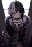  1girl belt black_belt black_choker black_coat black_dress black_hair black_nails black_thighhighs book breasts bright_pupils chest_belt choker cleavage closed_mouth coat commentary cowboy_shot dress english_commentary fingernails fur-trimmed_coat fur_trim grey_hair hair_ornament hand_on_own_thigh highres holding holding_book hololive hololive_english indoors jewelry large_breasts leaning_forward light_blush long_fingernails long_hair long_sleeves looking_at_viewer multicolored_hair nail_polish natsume_mina off_shoulder open_clothes open_coat pendant_choker ring shiori_novella shiori_novella_(1st_costume) signature smug solo split-color_hair standing star_(symbol) striped_clothes striped_thighhighs thighhighs two-tone_hair virtual_youtuber white_pupils window yellow_eyes yorick_(shiori_novella) 