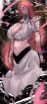  1girl alternate_costume bare_shoulders bleach bleach:_sennen_kessen-hen blood breasts brown_eyes center_opening cleavage commentary_request from_below highres huge_breasts injury inoue_orihime kinakomochi_(user_vedc2333) long_hair navel orange_hair parted_bangs skirt solo torn_clothes very_long_hair white_skirt 