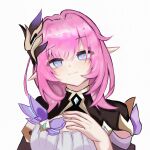  1girl absurdres black_shrug blue_eyes breasts brown_corset commentary corset elf elysia_(honkai_impact) elysia_(miss_pink_elf)_(honkai_impact) hair_ornament hand_on_own_chest highres honkai_(series) honkai_impact_3rd k_(xhs_1164192041) large_breasts long_hair looking_at_viewer pink_hair pointy_ears shrug_(clothing) simple_background smile solo upper_body very_long_hair white_background 