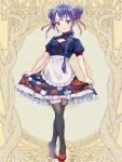  1girl apron black_thighhighs blue_hair braid braided_ponytail breasts chinese_clothes dairoku_ryouhei double_bun dress full_body hair_bun hair_ribbon highres maid maid_apron maid_headdress purple_hair qi_maid qipao red_shoes ribbon rosalia_moondrop shoes small_breasts smile solo standing suzuma_(suzuma_illust) thighhighs yellow_background zettai_ryouiki 