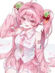  1girl absurdres ahoge arm_support arm_tattoo bare_shoulders between_legs blush boots breasts cherry_blossoms cherry_hair_ornament collared_shirt commentary_request detached_sleeves food-themed_hair_ornament full_body hair_between_eyes hair_ornament hand_between_own_legs hand_in_own_hair hatsune_miku headset highres korean_commentary long_hair long_sleeves looking_at_viewer necktie open_mouth pink_eyes pink_hair pink_nails pink_necktie pink_skirt pink_trim runeun0117 sakura_miku shirt simple_background sitting skirt sleeveless sleeveless_shirt small_breasts solo tattoo thick_thighs thigh_boots thighs twintails very_long_hair vocaloid white_background wide_sleeves 