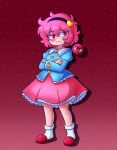  1girl :3 absurdres black_hairband blue_shirt blush breasts buttons closed_mouth collared_shirt commentary crossed_arms disembodied_eye elfabienst english_commentary eyeball frilled_shirt_collar frilled_skirt frilled_sleeves frills full_body hair_ornament hairband heart heart_button heart_hair_ornament highres komeiji_satori long_sleeves looking_at_viewer pink_eyes pink_hair pink_skirt red_background red_slippers shirt skirt slippers small_breasts smile smug socks solo touhou white_socks wide_sleeves 