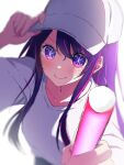  1girl baseball_cap blush collarbone glowstick hair_between_eyes hand_on_headwear hat highres holding holding_glowstick hoshino_ai idol kvwj9j looking_at_viewer oshi_no_ko purple_hair shirt smile solo star-shaped_pupils star_(symbol) star_in_eye symbol-shaped_pupils symbol_in_eye white_background white_hat white_shirt 