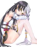  1girl alternate_hairstyle arms_on_knees ba_sarada bare_shoulders black_hair braid chinese_clothes closed_mouth commentary detached_sleeves dialyn_(zenless_zone_zero) dress earrings from_side hair_half_undone hair_ornament hair_undone highres jewelry knees_up long_hair looking_at_viewer multicolored_hair open_mouth panda_hair_ornament qipao simple_background sitting solo split-color_hair thighhighs untranslatable_commentary very_long_hair white_background white_hair white_thighhighs yellow_eyes zenless_zone_zero 
