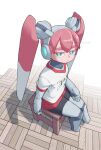 1girl android commentary_request full_body gym_uniform highres joints kanbaru_mitsuki looking_at_viewer mechanical_hair on_stool red_shorts robot_joints shirt short_shorts short_sleeves shorts sitting solo stool twintails ueno-san_wa_bukiyou ueno_13 white_shirt wooden_floor 