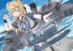  1girl absurdres aircraft aircraft_request airplane blonde_hair blue_eyes blue_sky breasts cannon cloud commentary_request day dutch_angle gloves gradient_neckerchief grin highres kantai_collection military_uniform minneapolis_(kancolle) neckerchief outdoors rigging shikabiscuit sky smile smokestack solo two_side_up white_gloves 