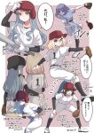  5girls ave_mujica_(bang_dream!) bang_dream! bang_dream!_it's_mygo!!!!! baseball_bat baseball_cap baseball_helmet baseball_mitt baseball_uniform black_hair blue_hair bunting_(baseball) commentary_request gloves green_eyes hand_on_another's_hip hat helmet highres layered_sleeves long_sleeves medium_hair misumi_uika multiple_girls open_mouth playing_sports purple_hair red_hair red_helmet rousei short_over_long_sleeves short_sleeves speech_bubble sportswear sweat thought_bubble togawa_sakiko translation_request twitter_username wakaba_mutsumi white_background white_gloves yahata_umiri yellow_eyes yuutenji_nyamu 