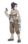  1girl absurdres addressograph bag bayonetta bayonetta_(series) black_hair boots breasts brown_boots brown_jacket brown_pants commission fluffkaiser full_body green_eyes highres holding holding_addressograph jacket light_frown medium_breasts pants ponytail pouch puttees round_eyewear shoulder_bag solo 
