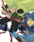  2boys blonde_hair cigarette curly_eyebrows facial_hair goatee green_hair hair_over_one_eye haki_(one_piece) highres holding holding_sword holding_weapon male_focus marrangeg multiple_boys mustache_stubble one_piece roronoa_zoro sanji_(one_piece) spiked_hair stubble sword weapon 