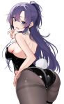  1girl arm_at_side ass black_leotard black_pantyhose blue_archive blush breasts collar commentary_request detached_collar hair_between_eyes hand_on_own_face highres huge_ass large_breasts leotard long_hair open_mouth pantyhose playboy_bunny purple_eyes purple_hair rabbit_tail shino_hato sideboob simple_background solo strapless strapless_leotard tail thigh_strap thighband_pantyhose white_background white_collar white_wrist_cuffs wrist_cuffs yuuka_(blue_archive) 